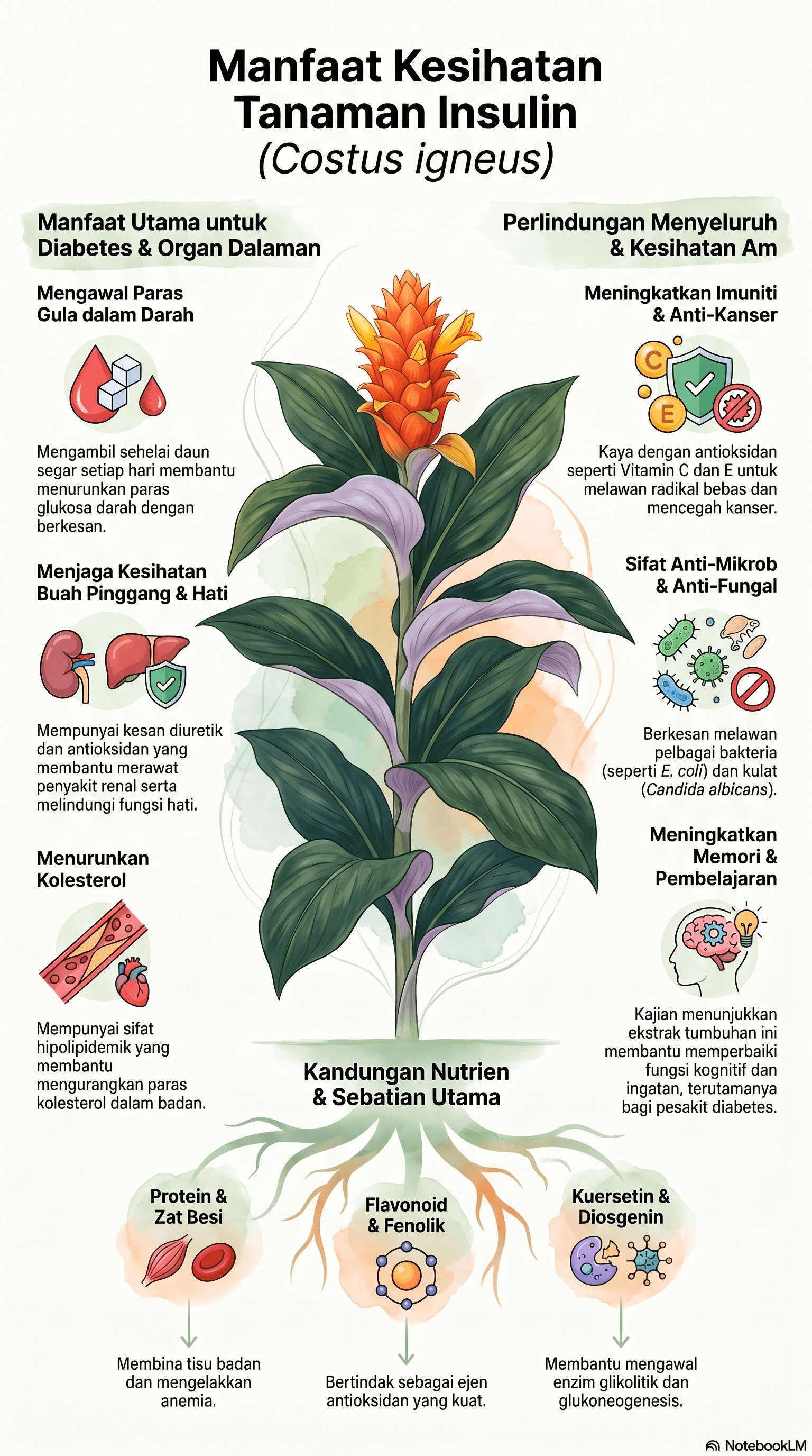 Infografik Manfaat Kesihatan Tanaman Insulin (Costus Igneus)